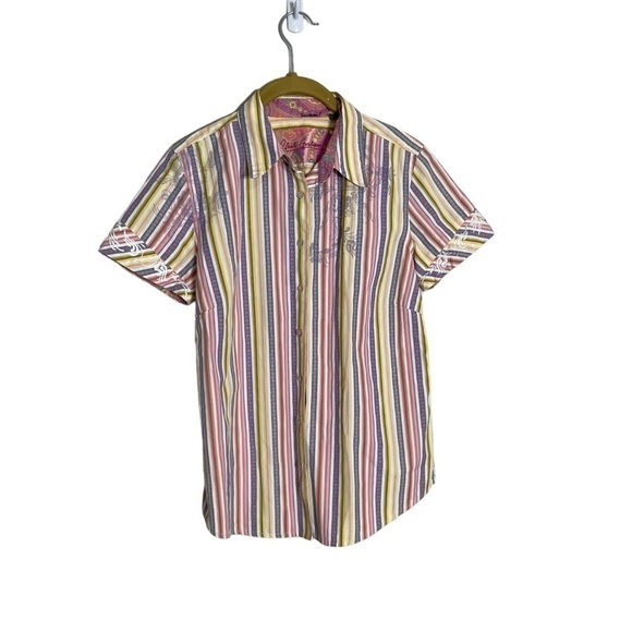 Robert Graham Multicolor Stripe Short Sleeve Top Button Down Medium Women - Picture 1 of 7
